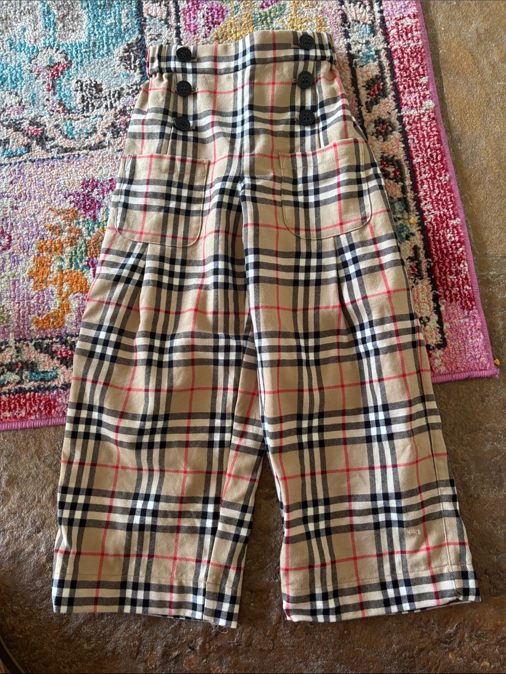 Burberry Beige Plaid Drawstring Pants with Red & Black Accents
